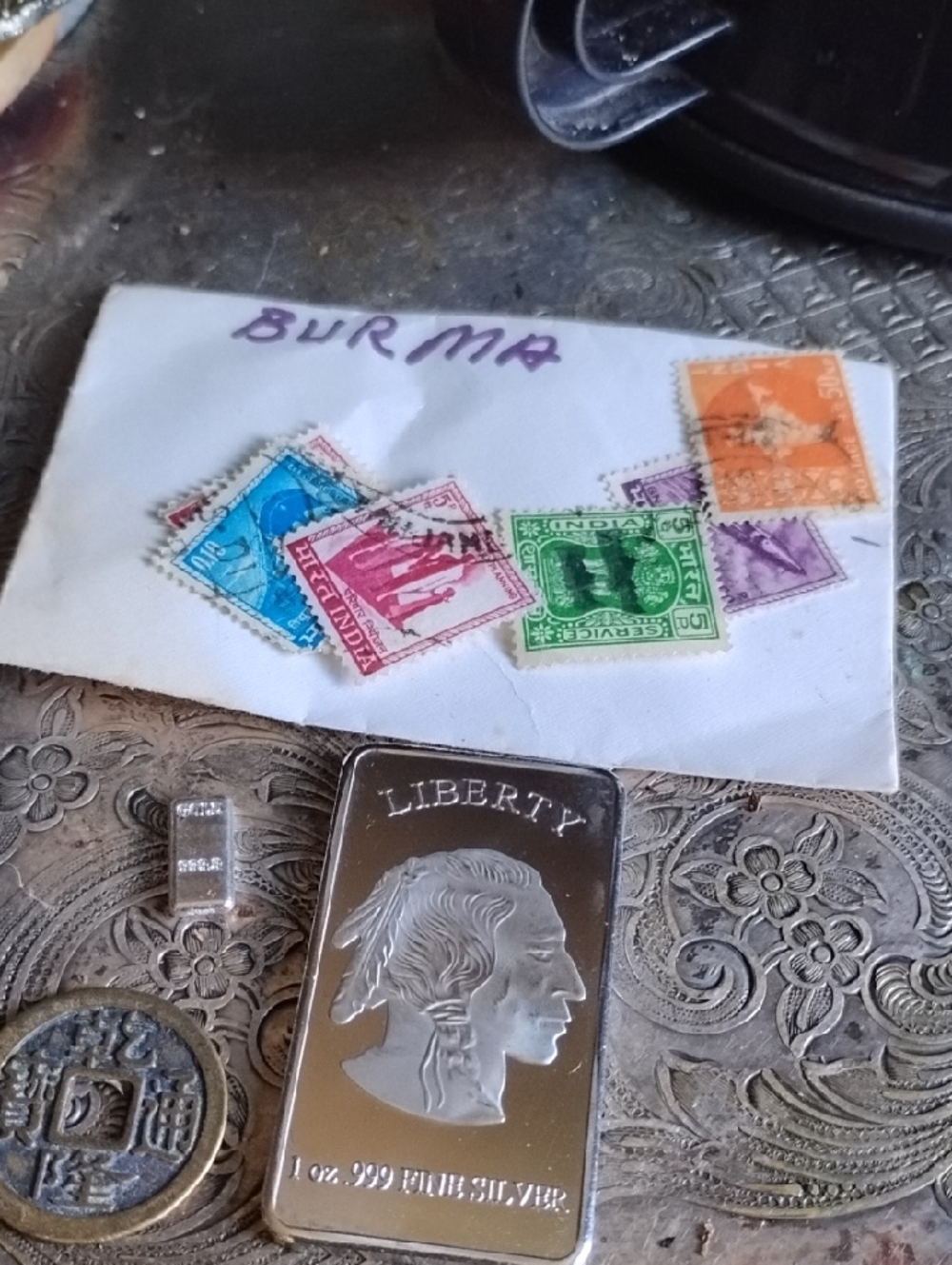 Liberty 1 oz Silver Plated Bar - Buffed Finish&Mini Bar+Stamps& Antique Chinese